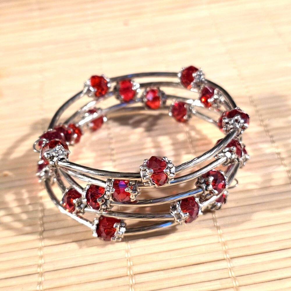 Silver Tone Crystal Wrap Bracelet With Red Faceted Beads & Filigree Details